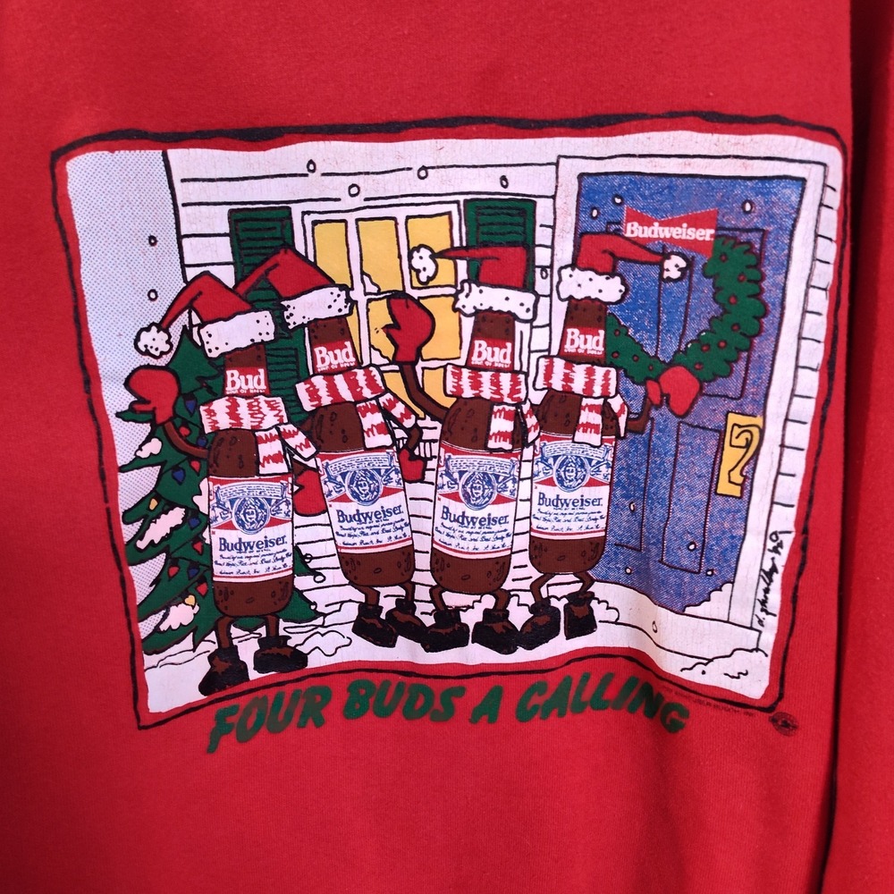 Budweiser sweatshirt large Christmas red vintage Four Buds A Calling ✔️ pics USA - Picture 2 of 9